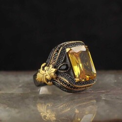 925 Sterling Silver Men's Ring With Rhodium Plated Citrine Stone - Vip Jewelry