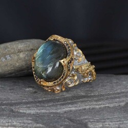 925 Sterling Silver Men's Ring With Rhodium Plated Labradorite Stone - Vip Jewelry
