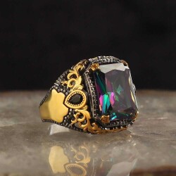 925 Sterling Silver Men's Ring With Rhodium Plated Mystic Topaz Stone - Vip Jewelry