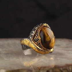 925 Sterling Silver Men's Ring With Rhodium Plated Tiger's Eye Stone - Vip Jewelry