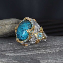 925 Sterling Silver Men's Ring With Rhodium Plated Turquoise Stone - Vip Jewelry