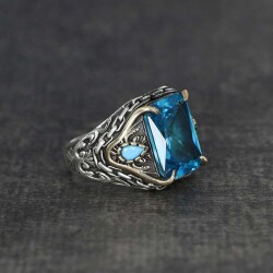Chain Series Aqua Marine Stone 925 Sterling Silver Men's Ring - Vip Jewelry