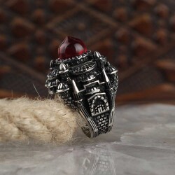 Mosque Model Silver Men's Ring With Amber Stone - Vip Jewelry