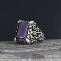 Patterned Model Amethyst Stone 925 Sterling Silver Men's Ring - Vip Jewelry