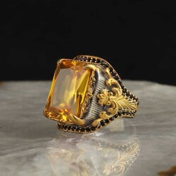 Rhodium Plated 925 Sterling Silver Men's Ring With Citrine Stone - Vip Jewelry