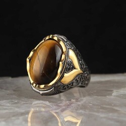Rhodium Plated Tiger Eye Stone Men's Silver Ring - Vip Jewelry