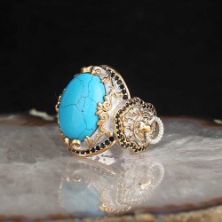 Silver Men's Ring With Rhodium Plated Turquoise Stone And Lion Symbol - Vip Jewelry
