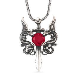 Silver Red Stone Dragon Men's Sword Necklace - Vip Jewelry