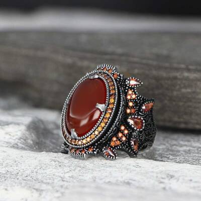 925 Sterling Silver Men's Ring With Agate Stone - 1