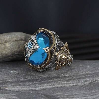 925 Sterling Silver Men's Ring With Aqua Marine Stone - 1