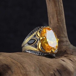 925 Sterling Silver Men's Ring With Rhodium Plated Citrine Stone - 1
