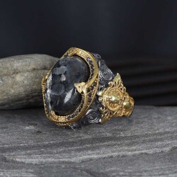 925 Sterling Silver Men's Ring With Rhodium Plated Larvakit Stone - 1