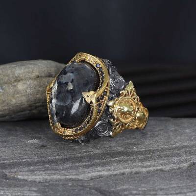 925 Sterling Silver Men's Ring With Rhodium Plated Larvakit Stone - 1