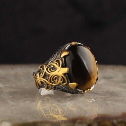 925 Sterling Silver Men's Ring With Rhodium Plated Tiger's Eye Stone - 1