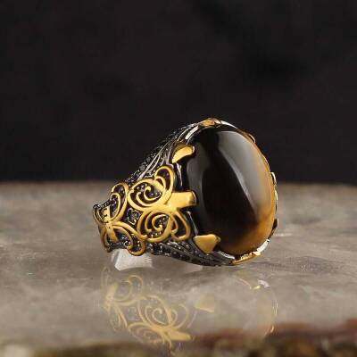 925 Sterling Silver Men's Ring With Rhodium Plated Tiger's Eye Stone - 1
