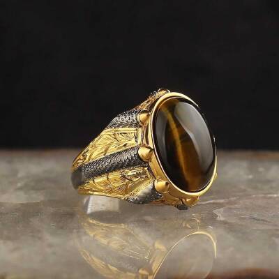 925 Sterling Silver Men's Ring With Rhodium Plated Tiger's Eye Stone - 1