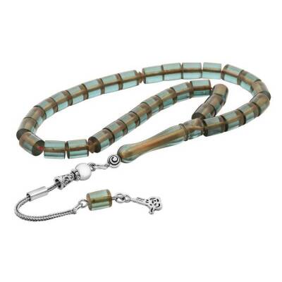 Green Amber Rosary With Silver Tassels - 1