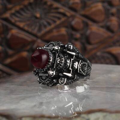Mosque Model Silver Men's Ring With Amber Stone - 2