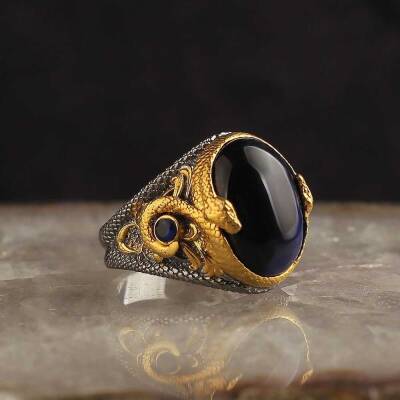 Rhodium Plated 925 Sterling Silver Men's Ring With Blue Tiger's Eye Stone - 1