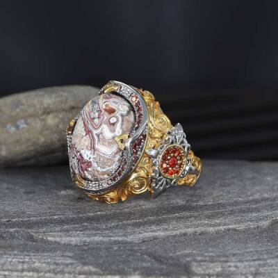 Rhodium Plated Lace Agate Stone 925 Sterling Silver Men's Ring - 1