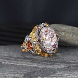 Rhodium Plated Lace Agate Stone 925 Sterling Silver Men's Ring - 2