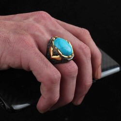 Rhodium Plated Turquoise Stone Men's Silver Ring - 2
