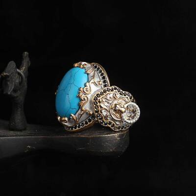 Silver Men's Ring With Rhodium Plated Turquoise Stone And Lion Symbol - 3
